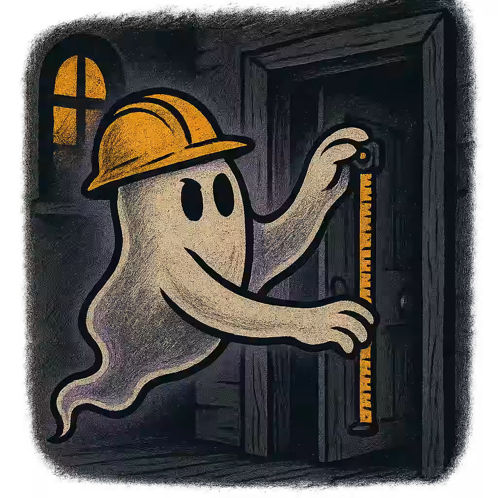 Blueprint-style ghost planning a haunted mansion